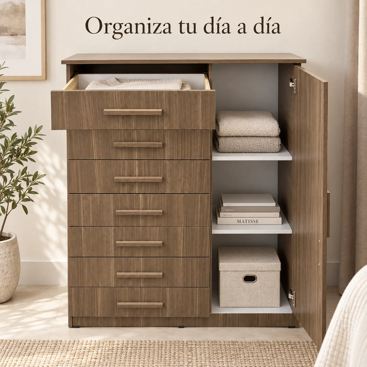 Cómoda New Mónaco acabado Café Veteado, organizando artículos de uso diario