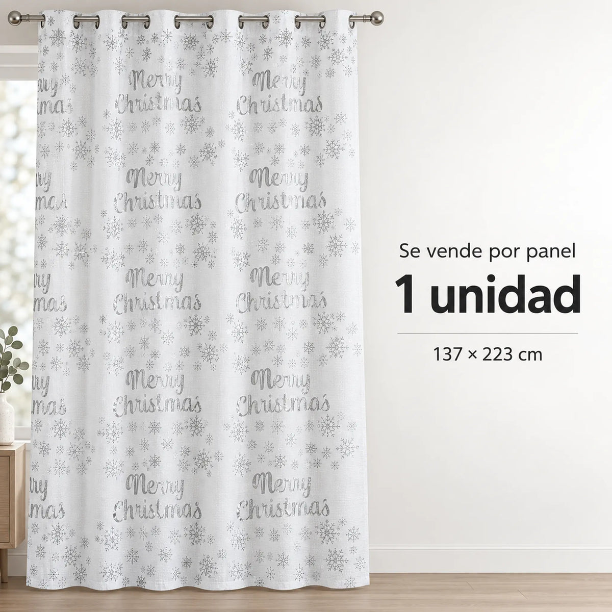 Cortina navideña Pasión Guajira Elfo blanca con letras Merry Christmas y copos plateados – se vende por panel (1 unidad)