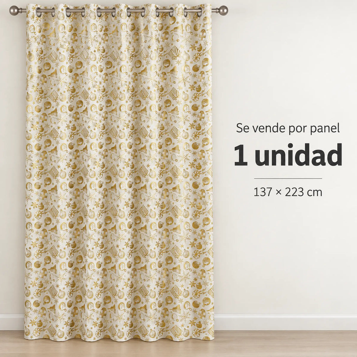 Cortina navideña Pasión Guajira Elfo crema con regalos y copos dorados – se vende por panel (1 unidad)