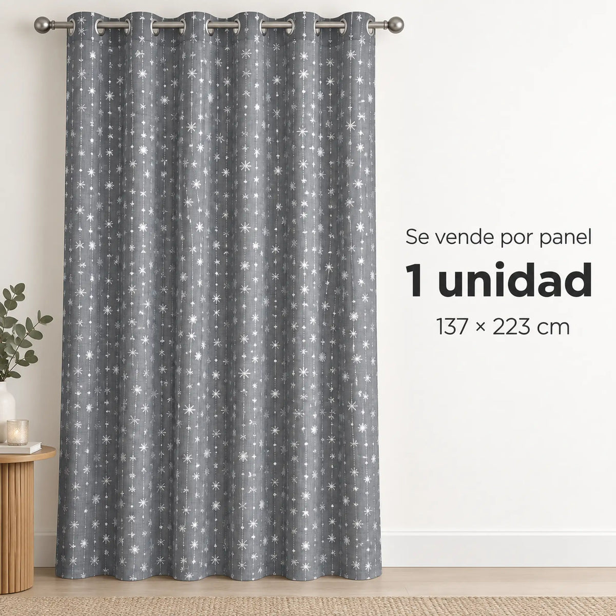 Cortina navideña Pasión Guajira Elfo gris con copos de nieve plateados – se vende por panel (1 unidad)