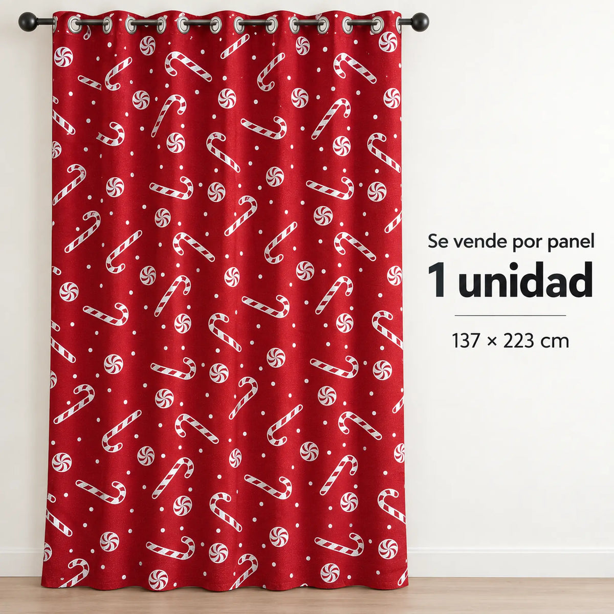 Cortina navideña Pasión Guajira Elfo roja con caramelos navideños plateados – se vende por panel (1 unidad)
