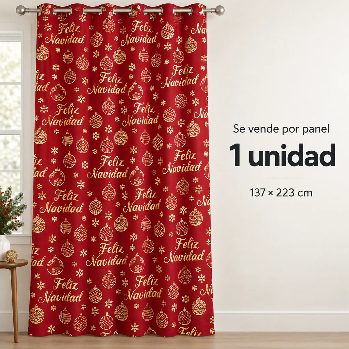 Cortina navideña Pasión Guajira Elfo roja con letras Feliz Navidad doradas – se vende por panel (1 unidad)