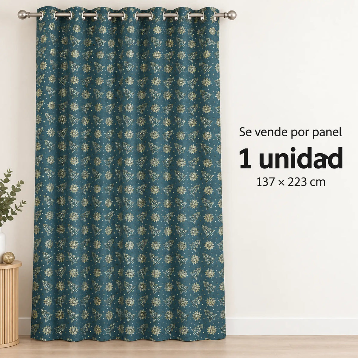 Cortina navideña Pasión Guajira Elfo verde con árboles navideños dorados – se vende por panel (1 unidad)