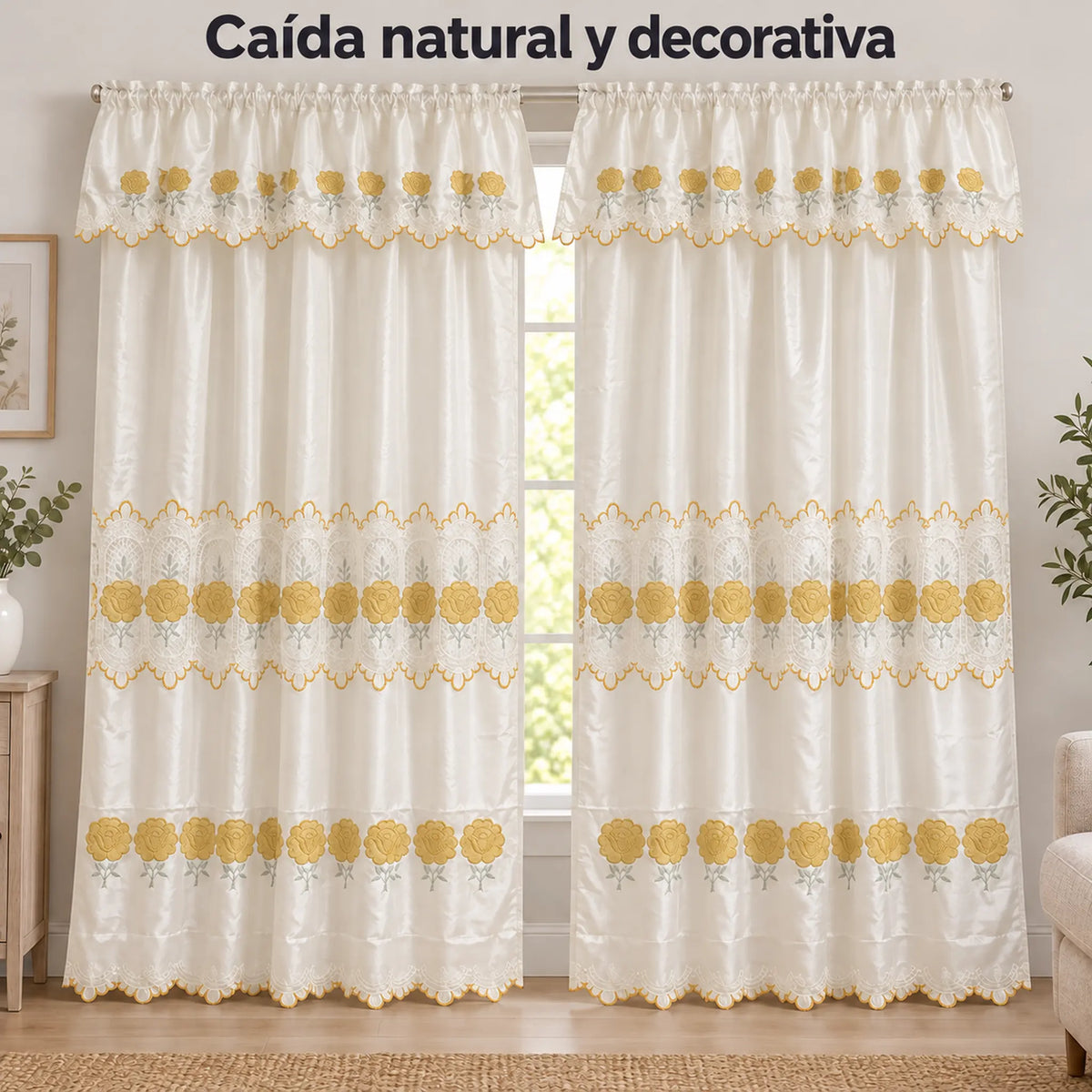 Par de cortinas bordadas satinadas con cenefa, fondo cream con bordado dorado – caída natural de la tela