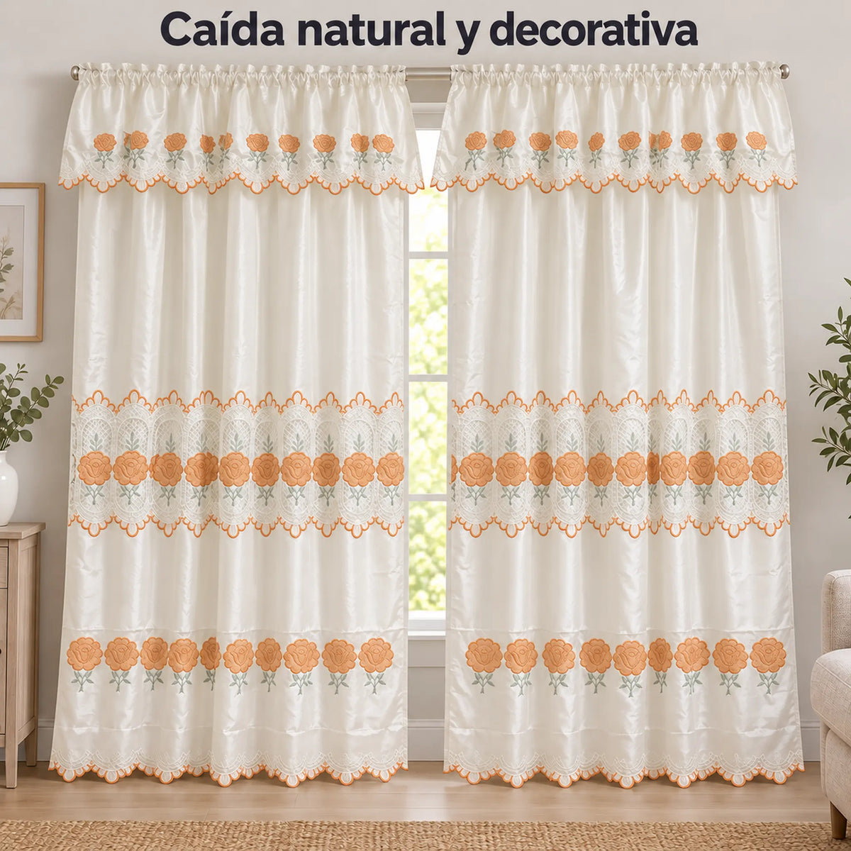 Par de cortinas bordadas satinadas con cenefa, fondo cream con bordado naranja coral – caída natural de la tela