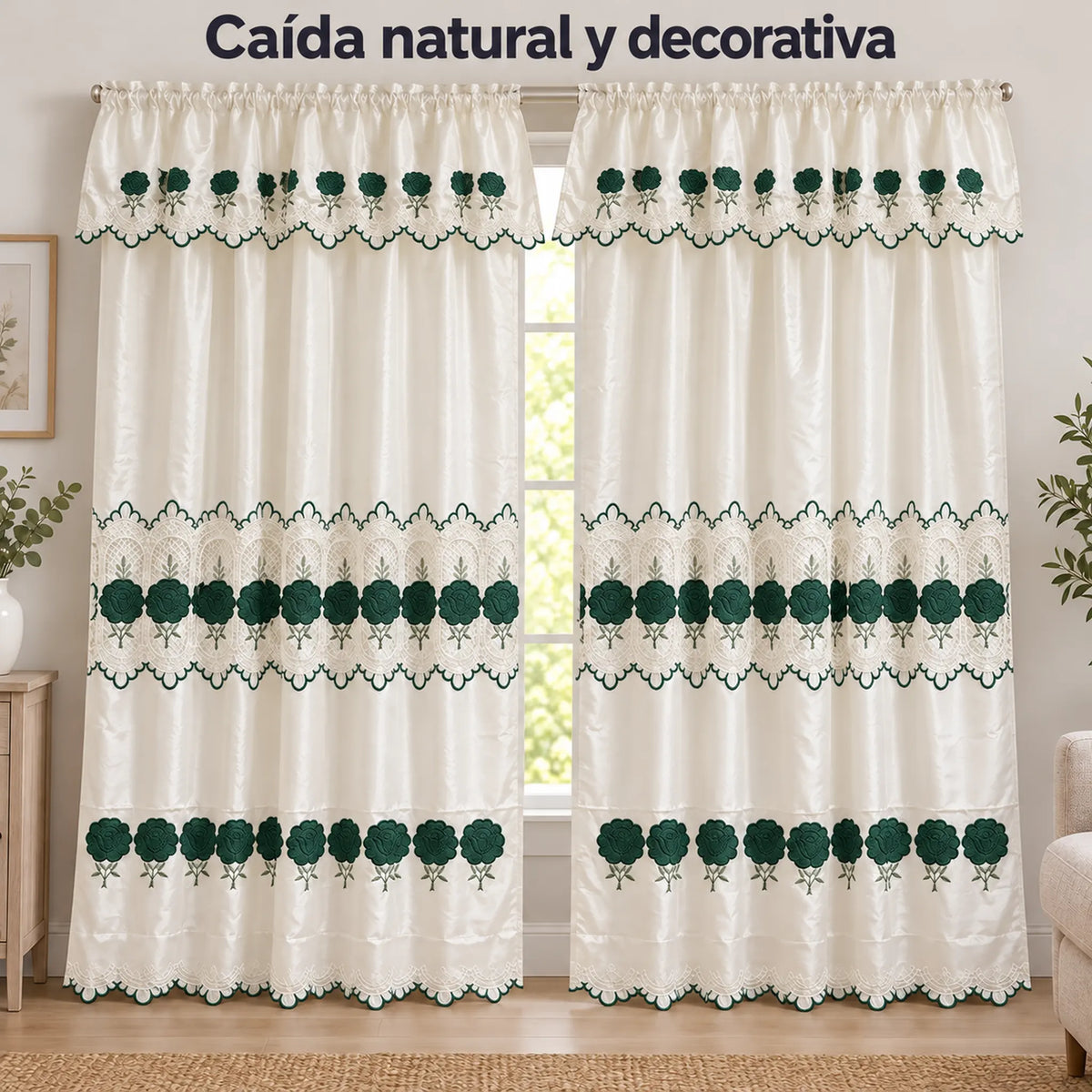 Par de cortinas bordadas satinadas con cenefa, fondo cream con bordado verde esmeralda – caída natural de la tela