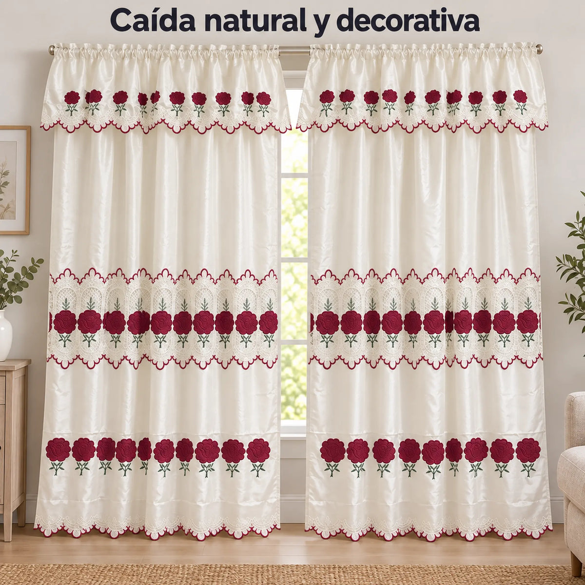 Par de cortinas bordadas satinadas con cenefa, fondo cream con bordado rojo vino – caída natural de la tela
