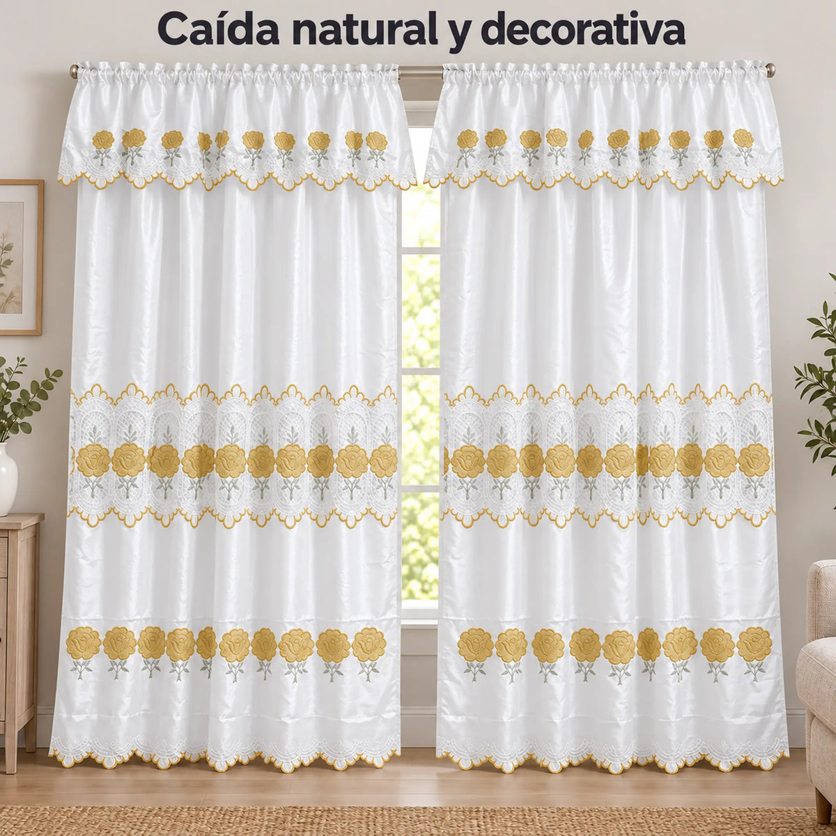 Par de cortinas blancas bordadas satinadas con cenefa, bordado dorado – caída natural de la tela