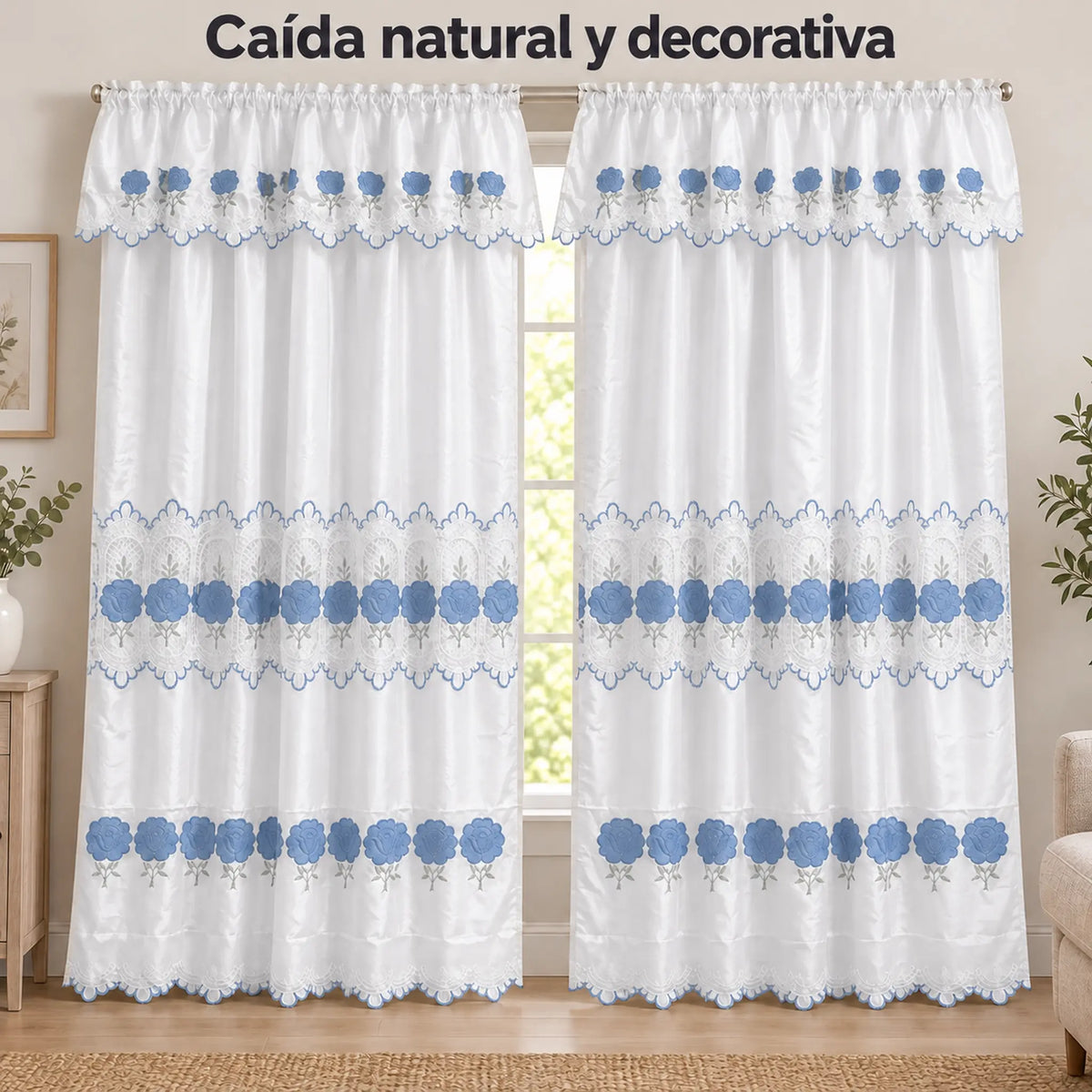 Par de cortinas blancas bordadas satinadas con cenefa, bordado azul cielo – caída natural de la tela