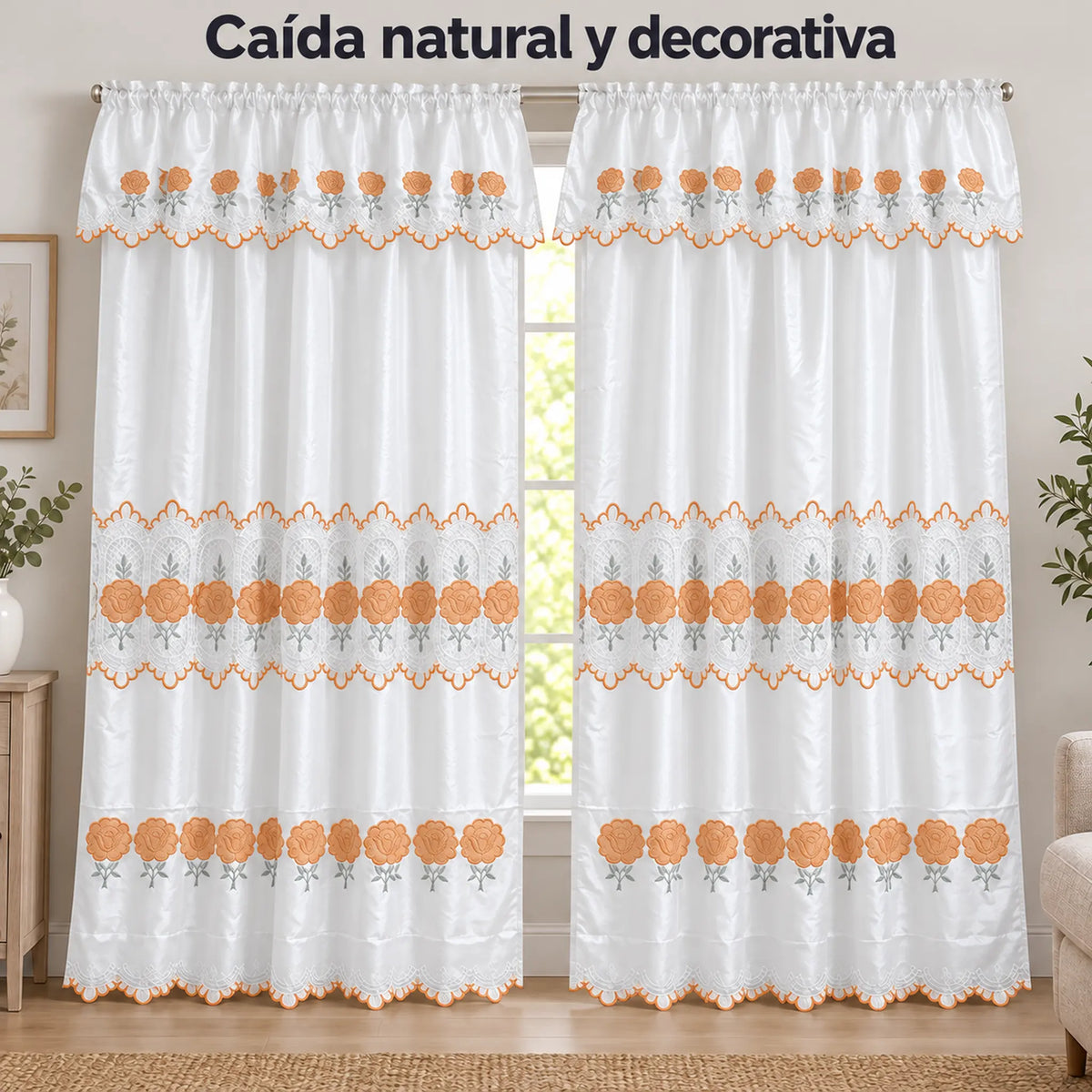 Par de cortinas blancas bordadas satinadas con cenefa, bordado naranja coral – caída natural de la tela