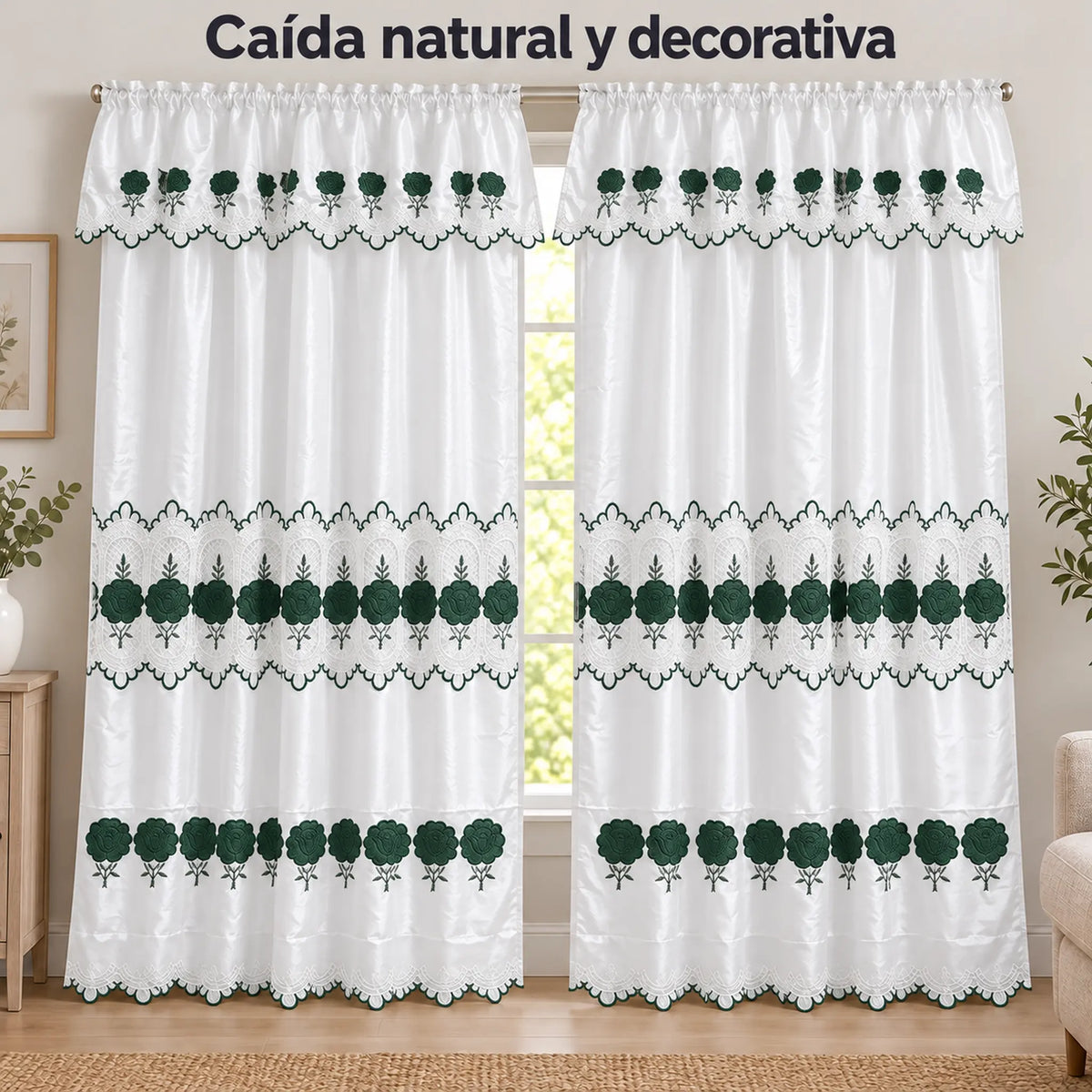 Par de cortinas blancas bordadas satinadas con cenefa, bordado verde esmeralda – caída natural de la tela