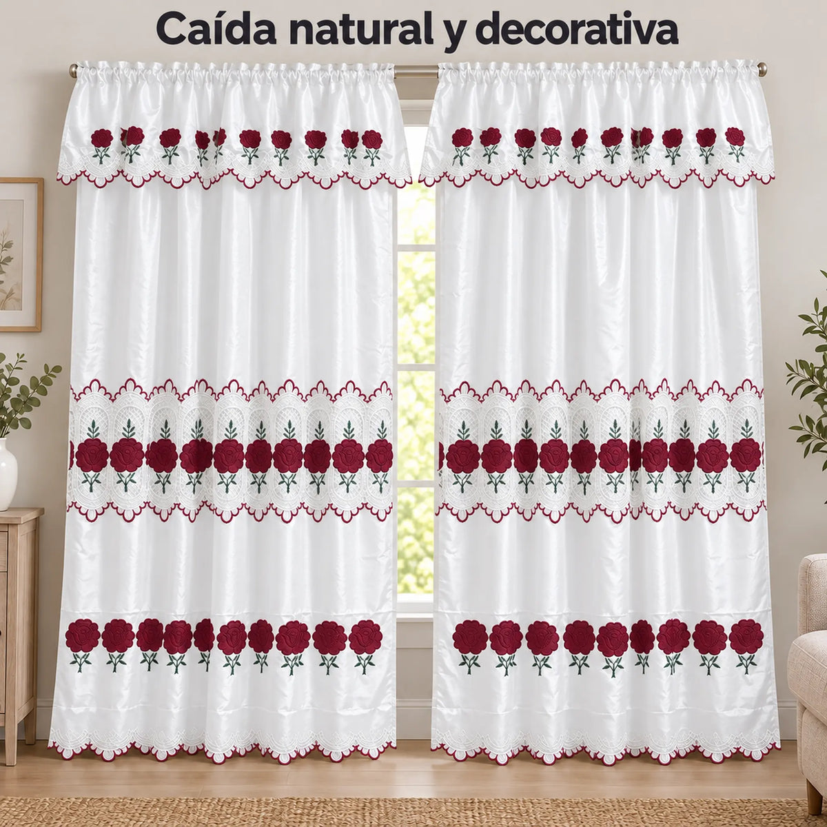 Par de cortinas blancas bordadas satinadas con cenefa, bordado rojo vino – caída natural de la tela