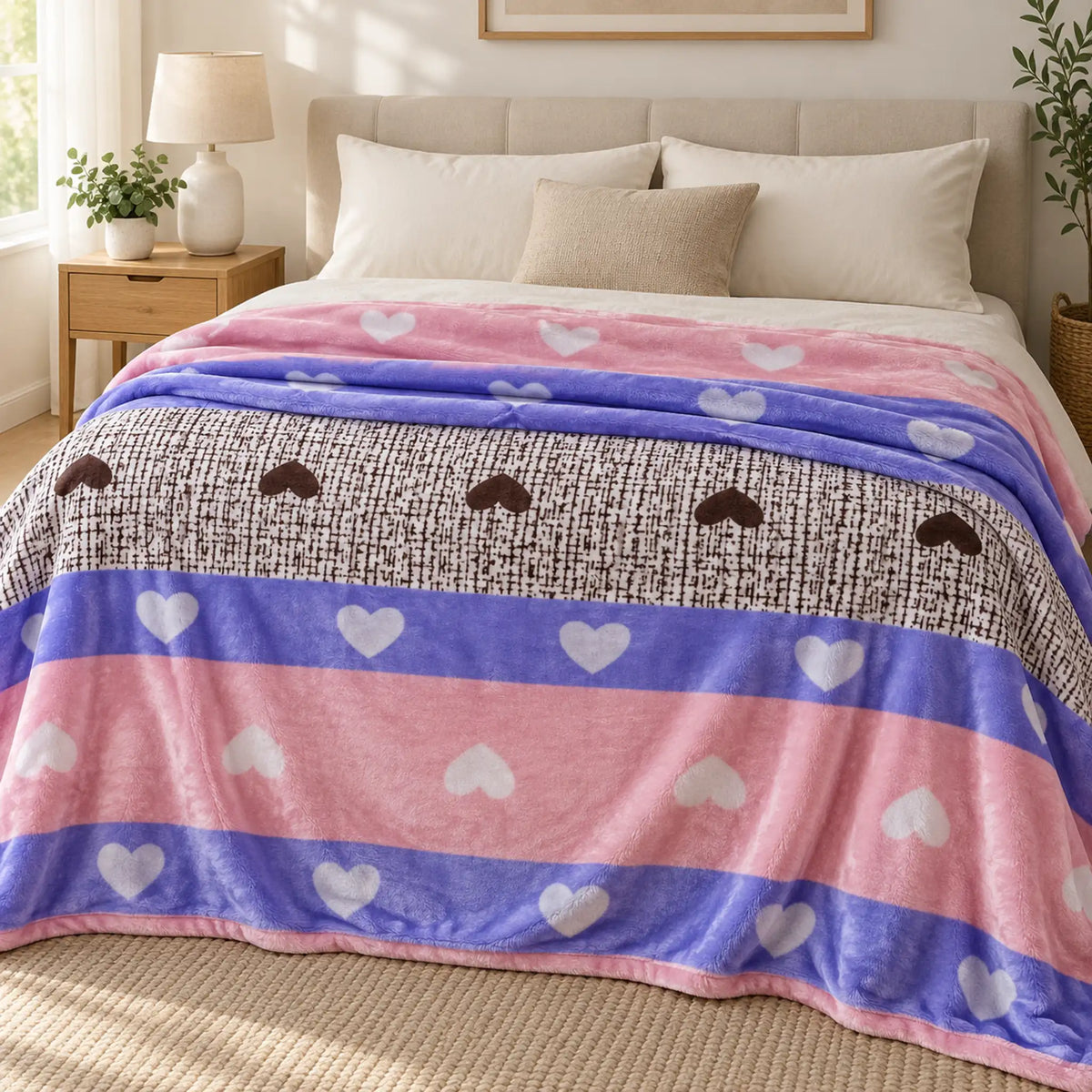 Frazada estampada afelpada 200 x 240 cm, diseño Corazones Multicolor – usada como pie de cama