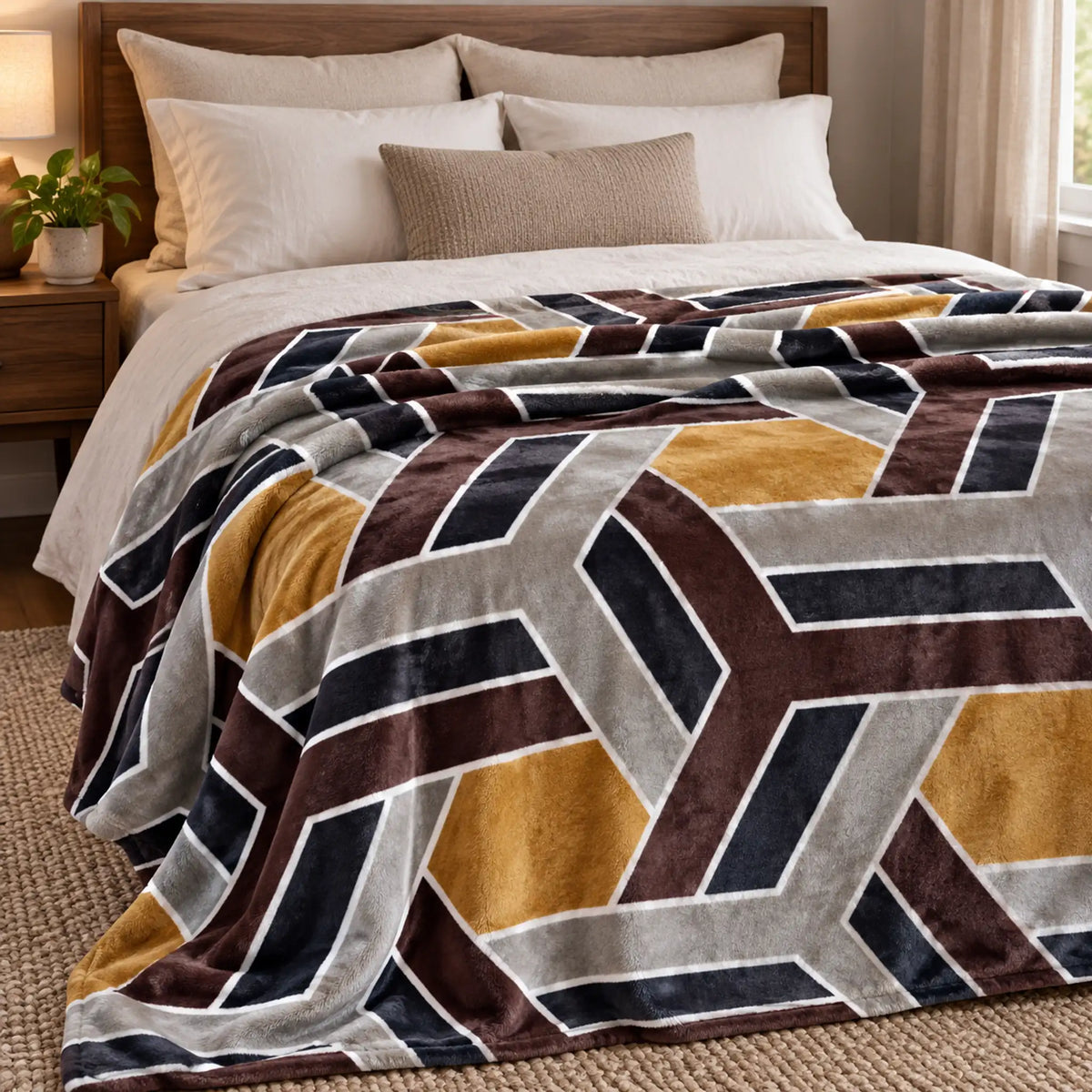 Frazada estampada afelpada 200 x 240 cm, diseño Geométrico Mostaza – usada como pie de cama