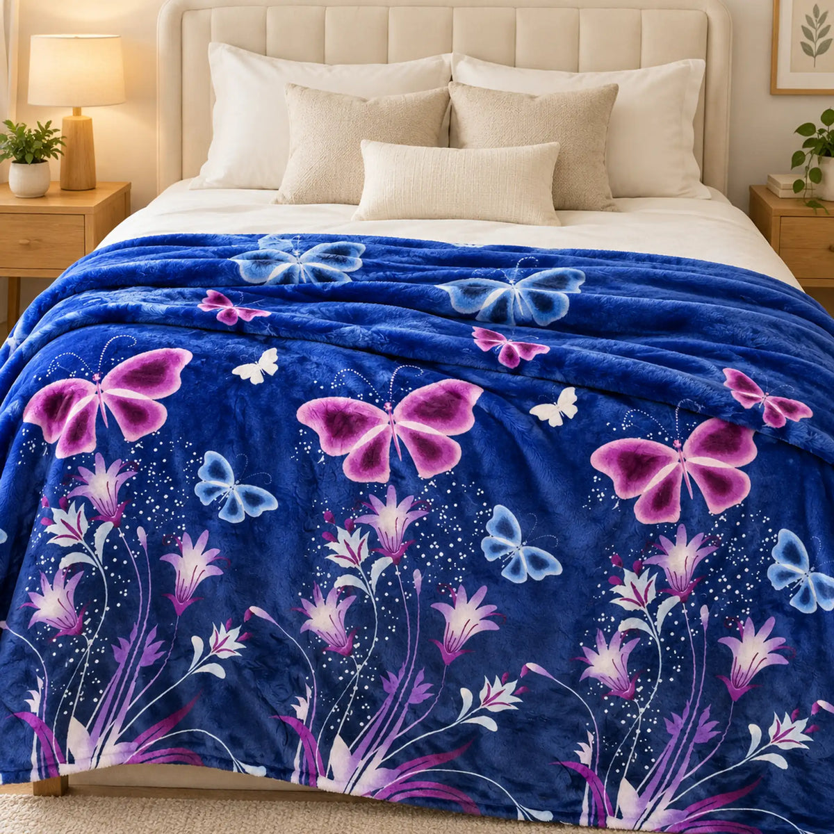 Frazada estampada afelpada 200 x 240 cm, diseño Mariposas Azul Marino – usada como pie de cama