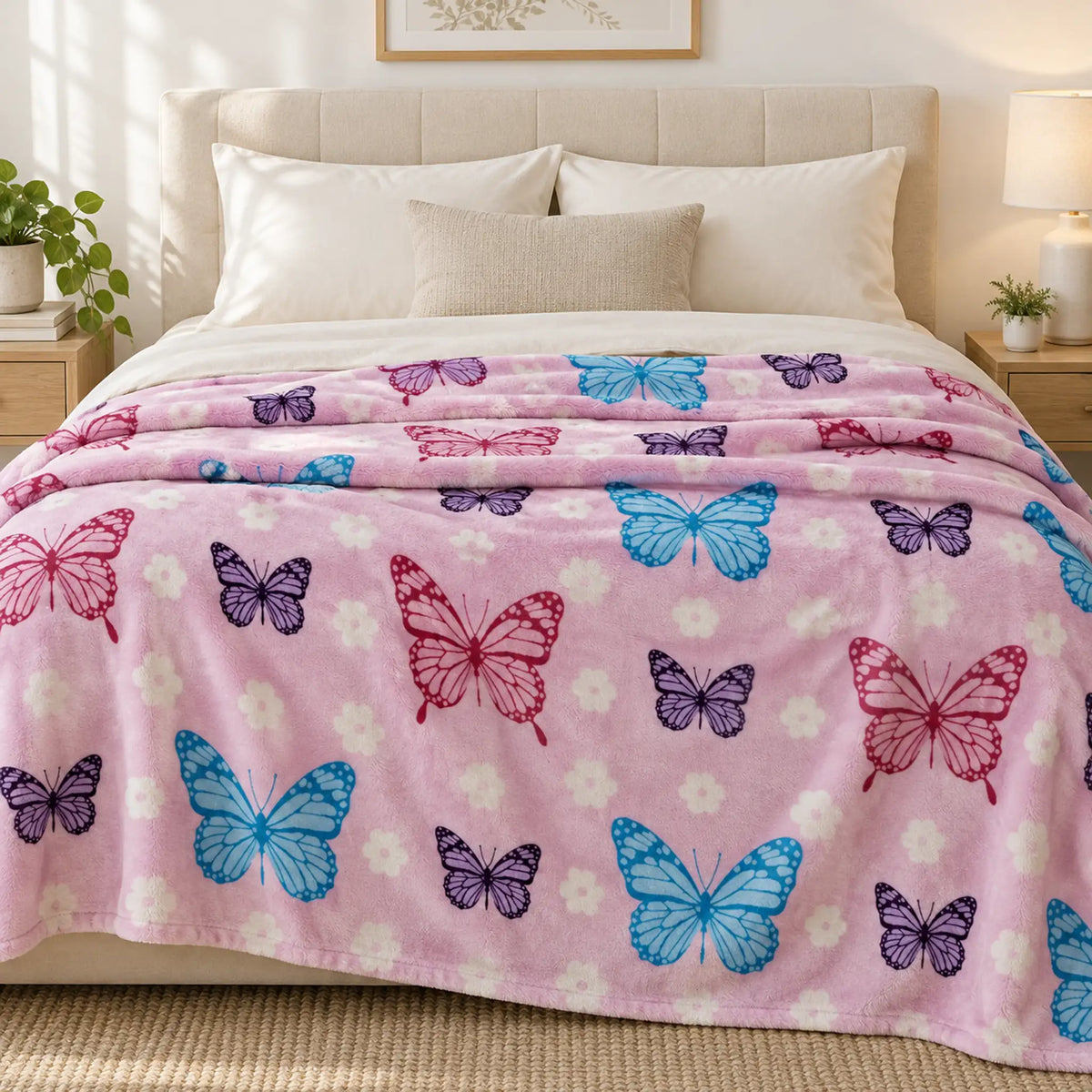 Frazada estampada afelpada 200 x 240 cm, diseño Mariposas Rosa – usada como pie de cama