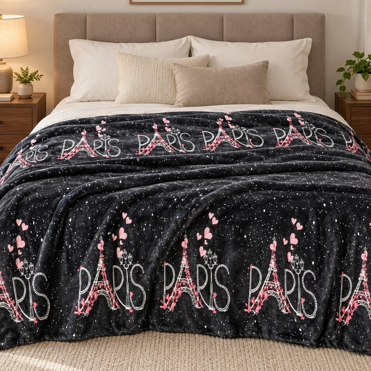 Frazada estampada afelpada 200 x 240 cm, diseño París Negro – usada como pie de cama