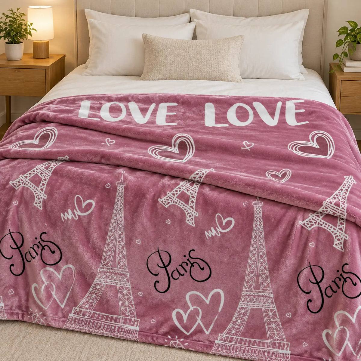 Frazada estampada afelpada 200 x 240 cm, diseño París Rosa – usada como pie de cama