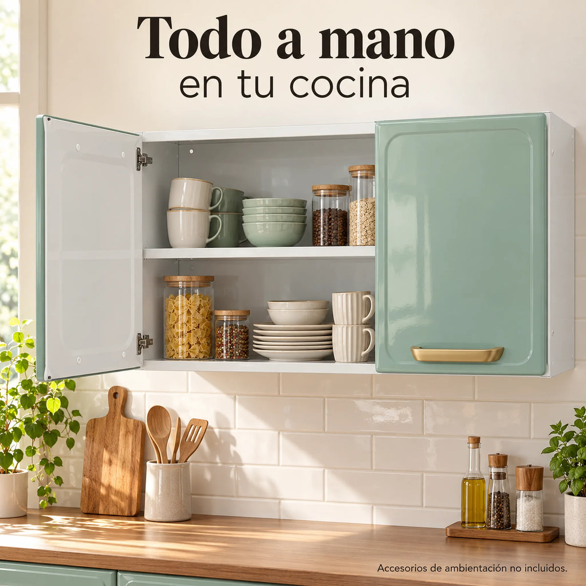 Gabinete aéreo Bertolini de 2 puertas abierto con vajilla y frascos en una cocina