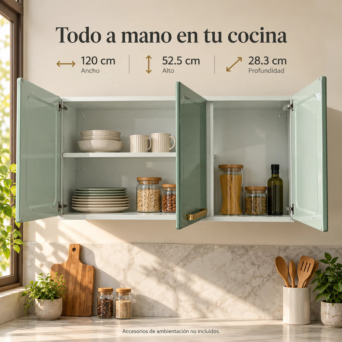 Gabinete aéreo Bertolini de 3 puertas abierto con vajilla, frascos y botellas en una cocina