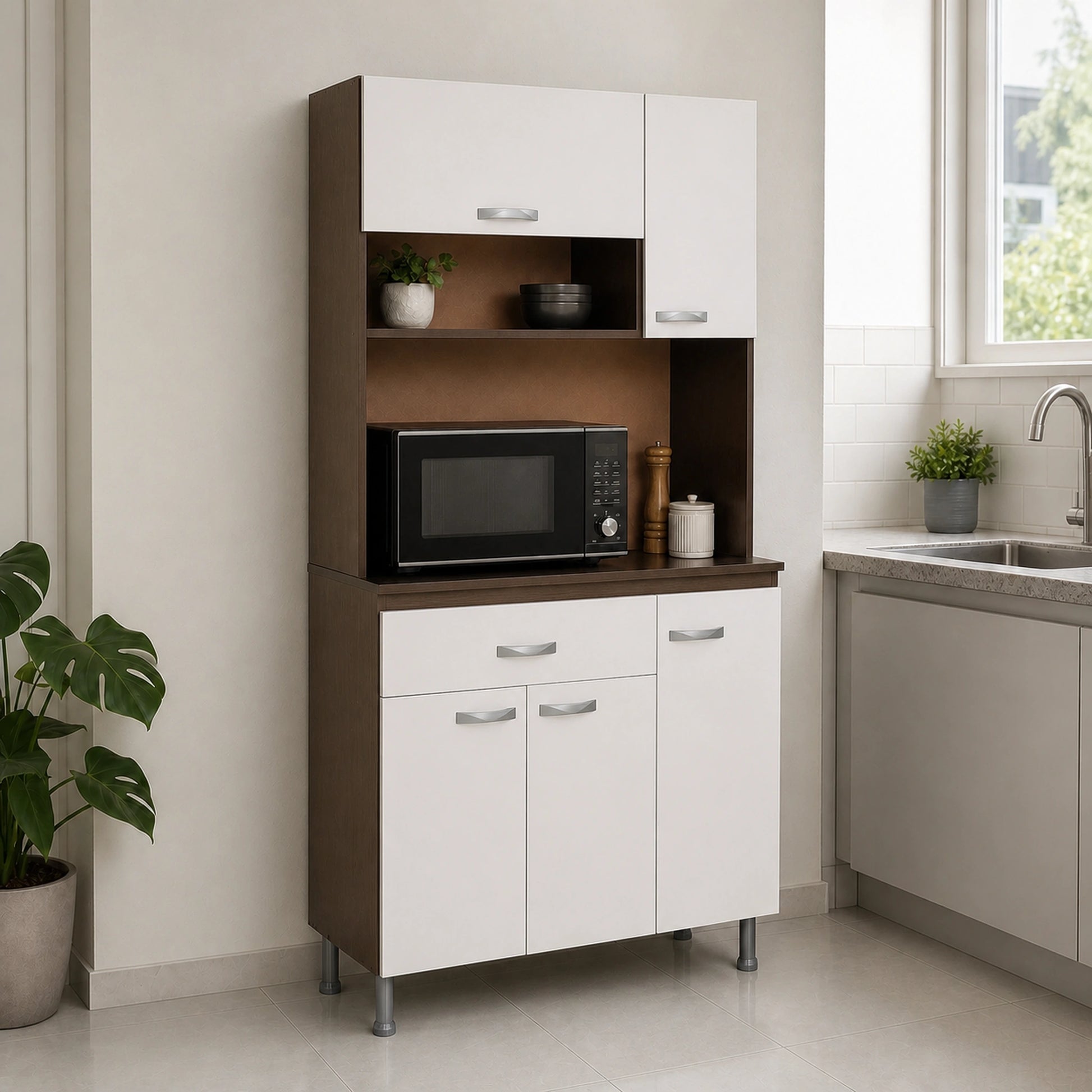 Gabinete de cocina grande en Chocolate y Blanco ambientado con microondas