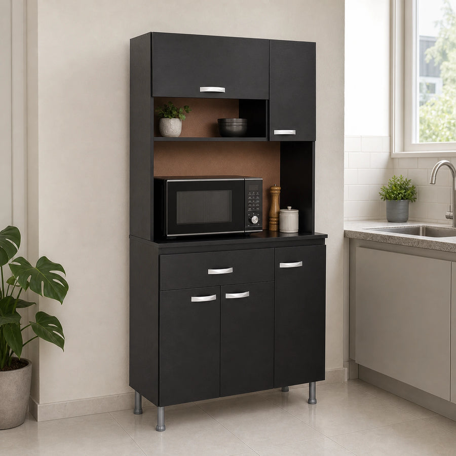 Gabinete de cocina grande en negro ambientado con microondas
