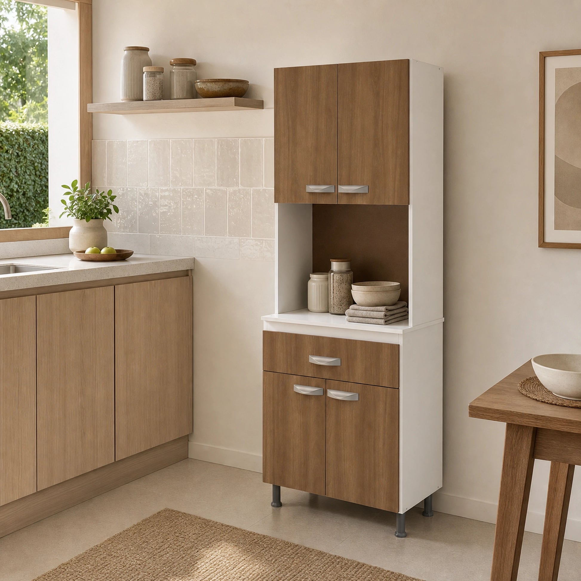 Gabinete de cocina en Blanco y Madera como organizador en ambiente real