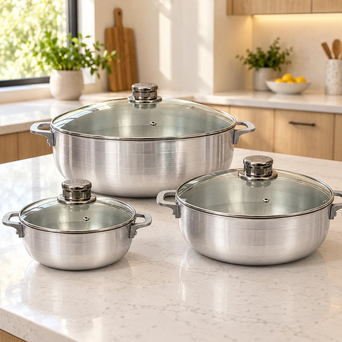 Tres calderos de aluminio Lotus con tapa sobre la encimera de una cocina