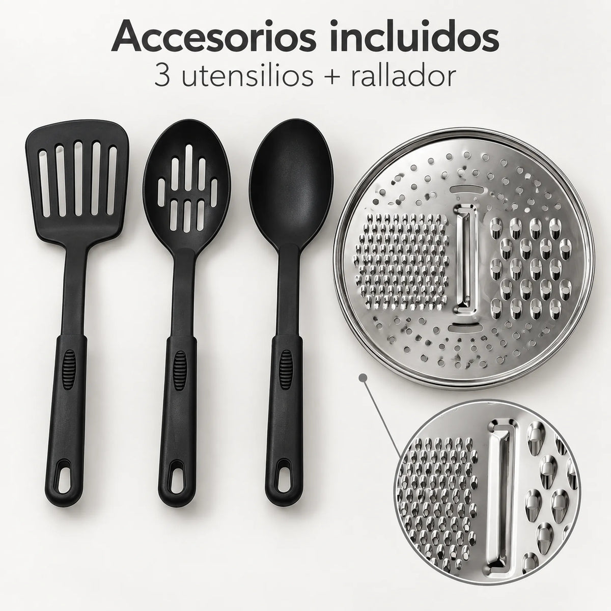 Accesorios incluidos: 3 utensilios de cocina y rallador de acero