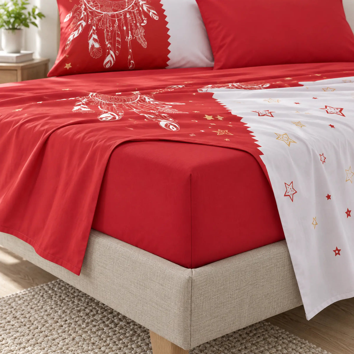 Juego de sábanas 4 piezas estampado rojo con atrapasueños y estrellas – sábana ajustable en el colchón