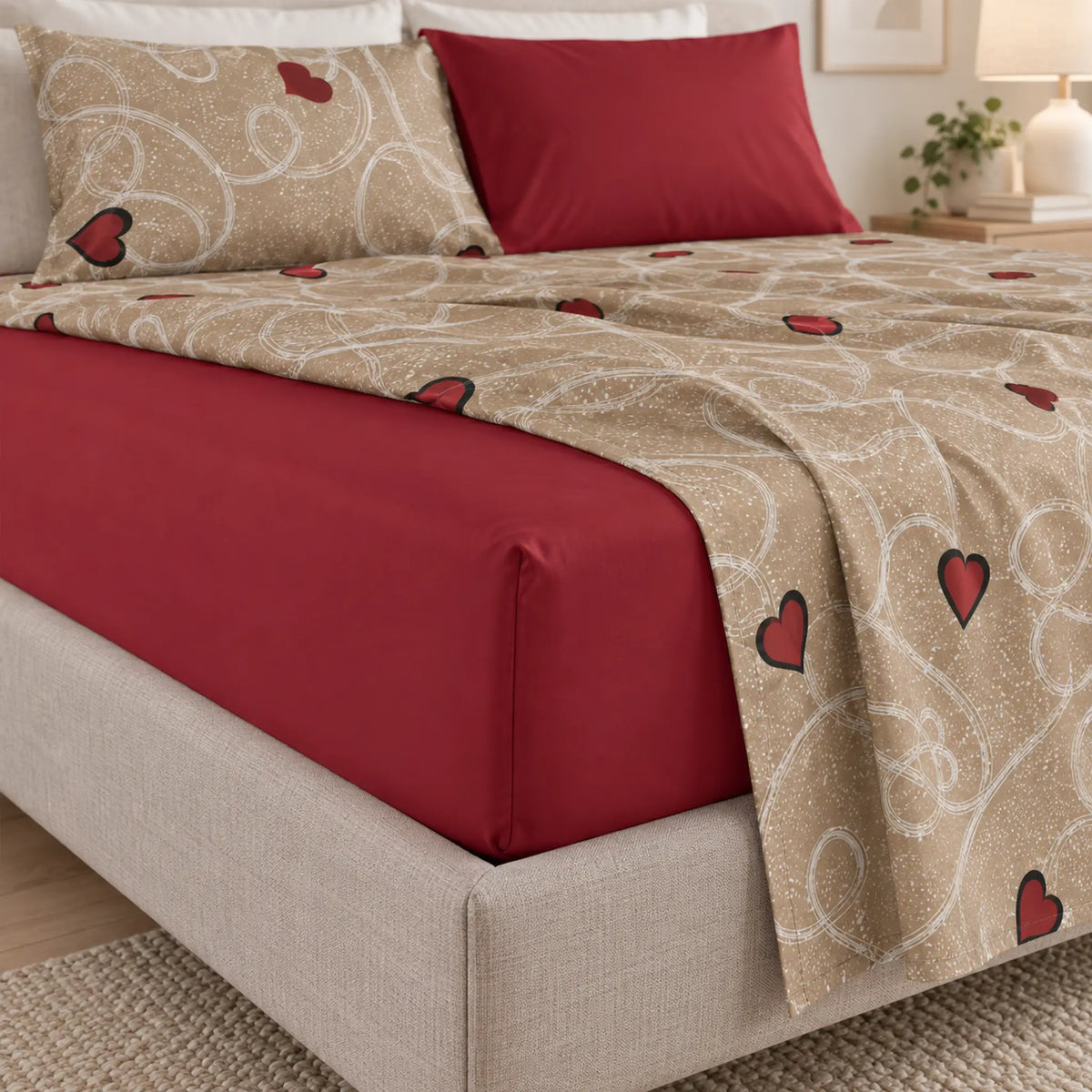 Juego de sábanas 4 piezas estampado beige con corazones – sábana ajustable en el colchón