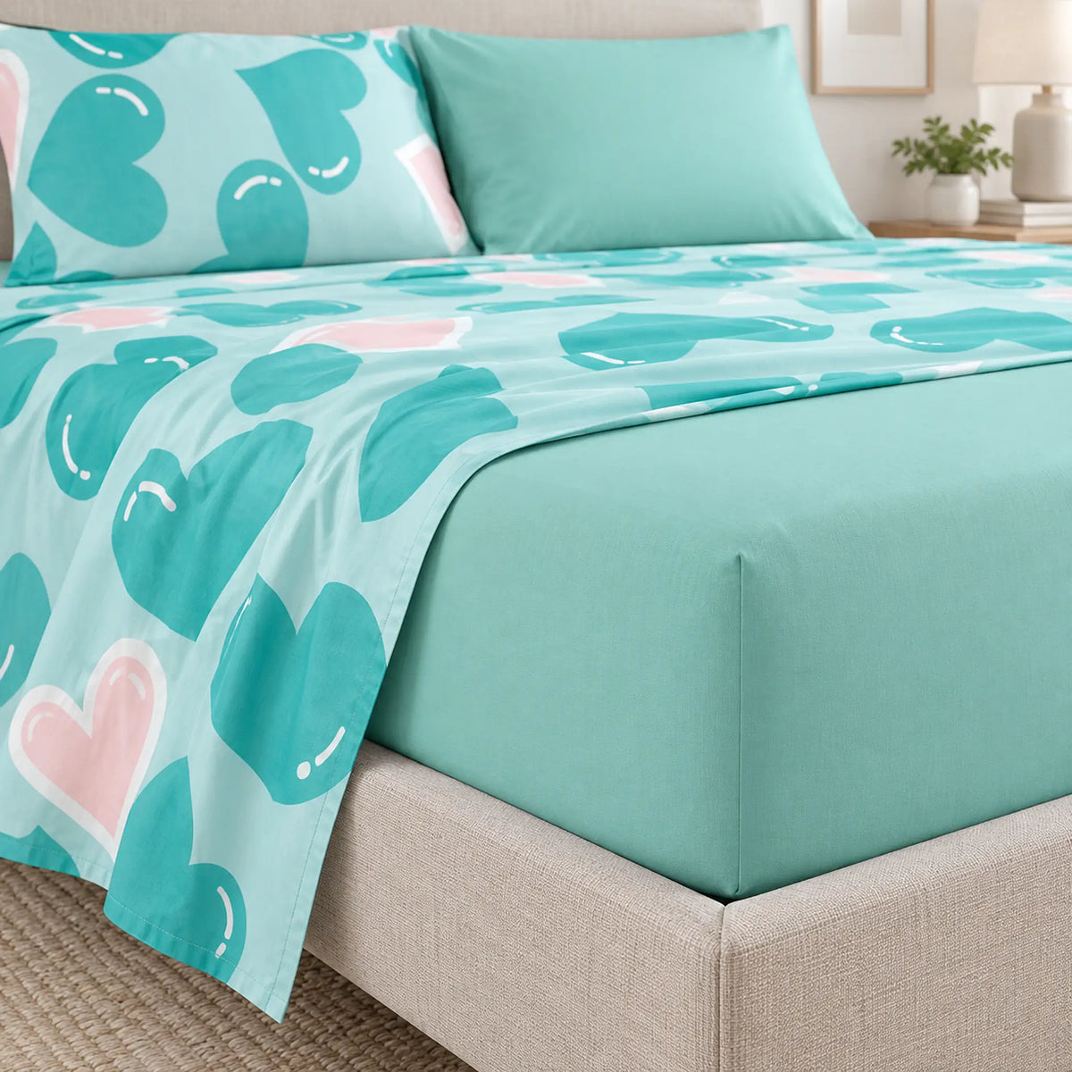 Juego de sábanas 4 piezas estampado verde menta con corazones – sábana ajustable en el colchón