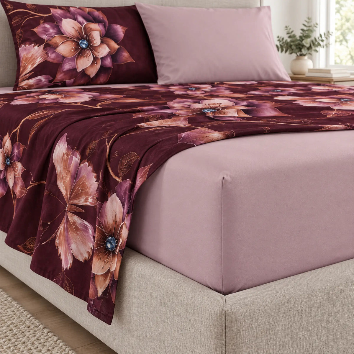 Juego de sábanas 4 piezas estampado color vino con flores – sábana ajustable en el colchón