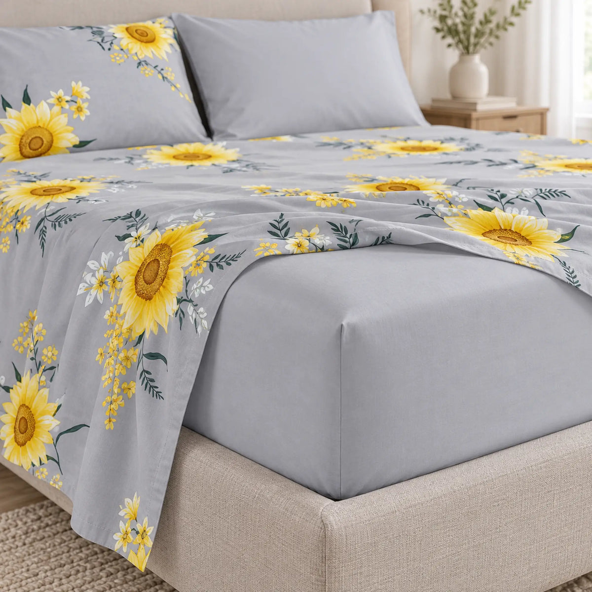 Juego de sábanas 4 piezas estampado gris con girasoles – sábana ajustable en el colchón