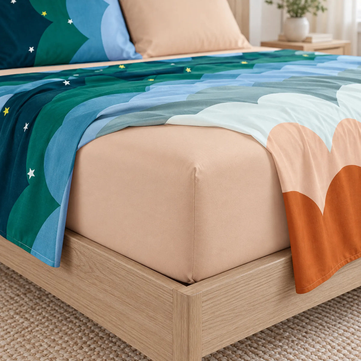 Juego de sábanas 4 piezas estampado con arcoíris de colores – sábana ajustable en el colchón