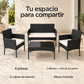 Resumen del juego de terraza: 4 piezas, 2 sillones + sofá de 2 puestos, 3 cojines de asiento y mesa incluida