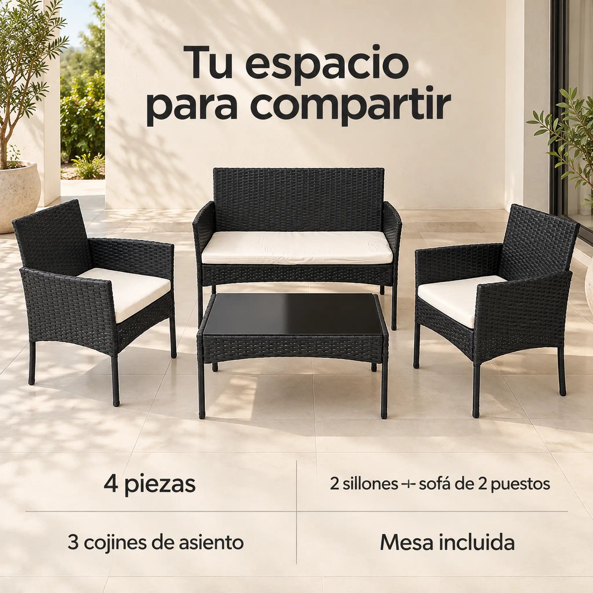 Resumen del juego de terraza: 4 piezas, 2 sillones + sofá de 2 puestos, 3 cojines de asiento y mesa incluida