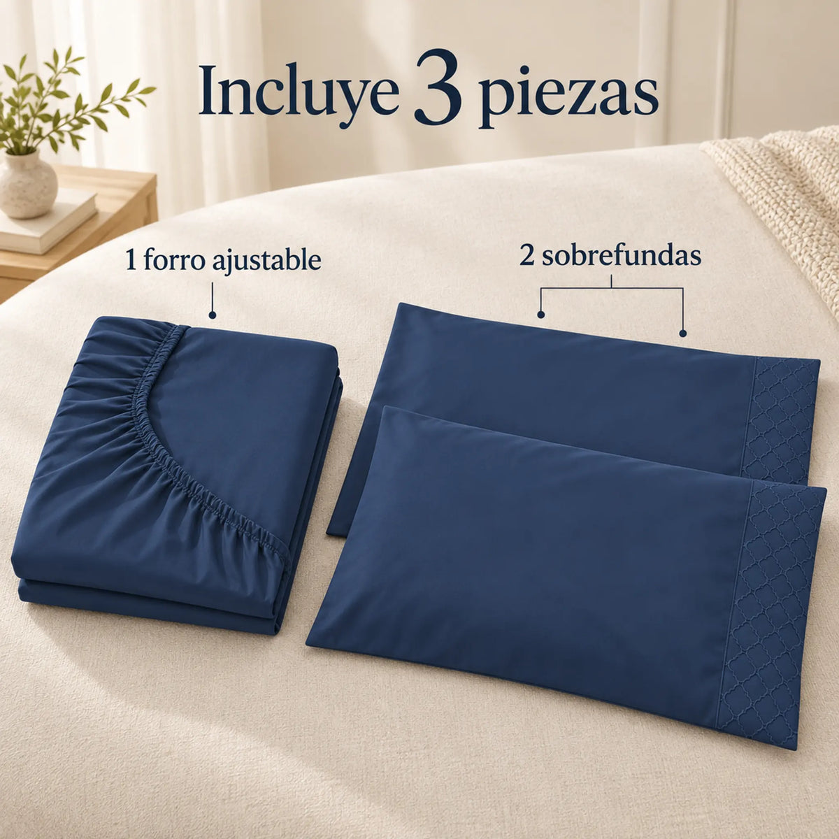 Forro ajustable liso con 2 sobrefundas bordadas, color Azul Navy – piezas incluidas: forro ajustable y 2 sobrefundas