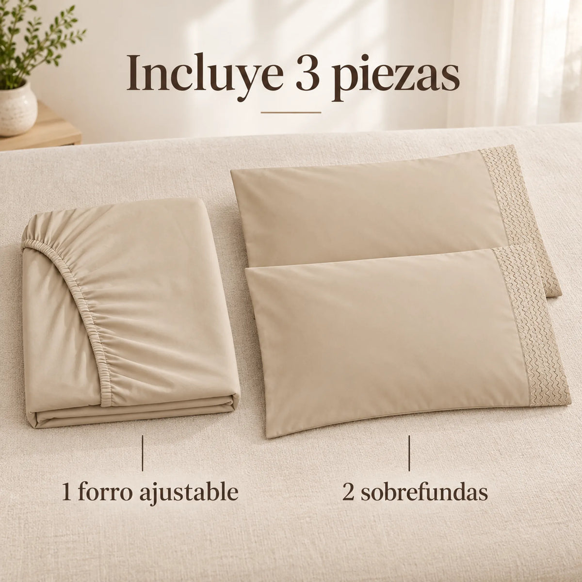 Forro ajustable liso con 2 sobrefundas bordadas, color Beige – piezas incluidas: forro ajustable y 2 sobrefundas
