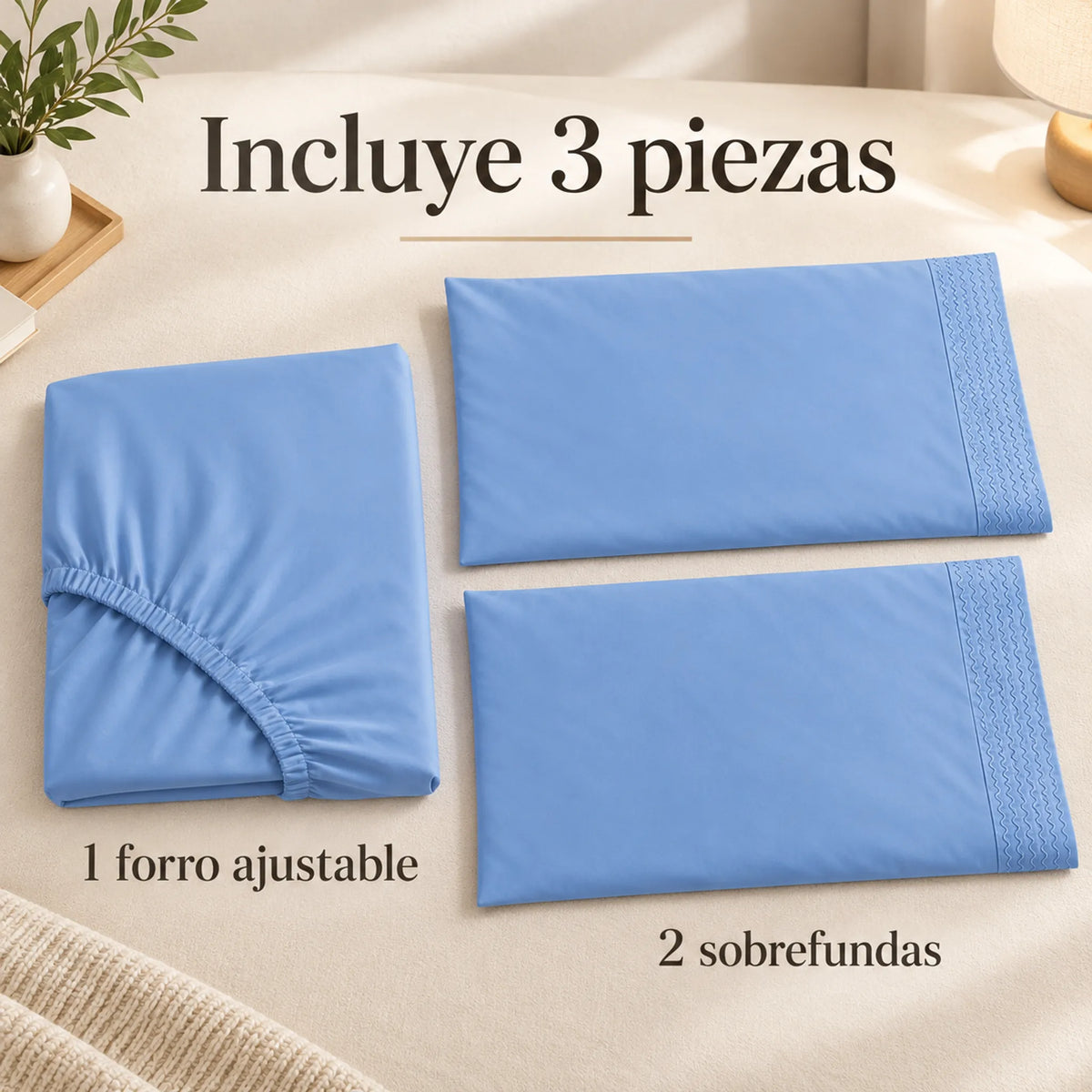 Forro ajustable liso con 2 sobrefundas bordadas, color Celeste – piezas incluidas: forro ajustable y 2 sobrefundas