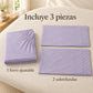 Forro ajustable liso con 2 sobrefundas bordadas, color Lila – piezas incluidas: forro ajustable y 2 sobrefundas
