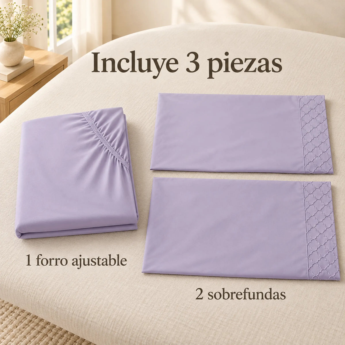 Forro ajustable liso con 2 sobrefundas bordadas, color Lila – piezas incluidas: forro ajustable y 2 sobrefundas