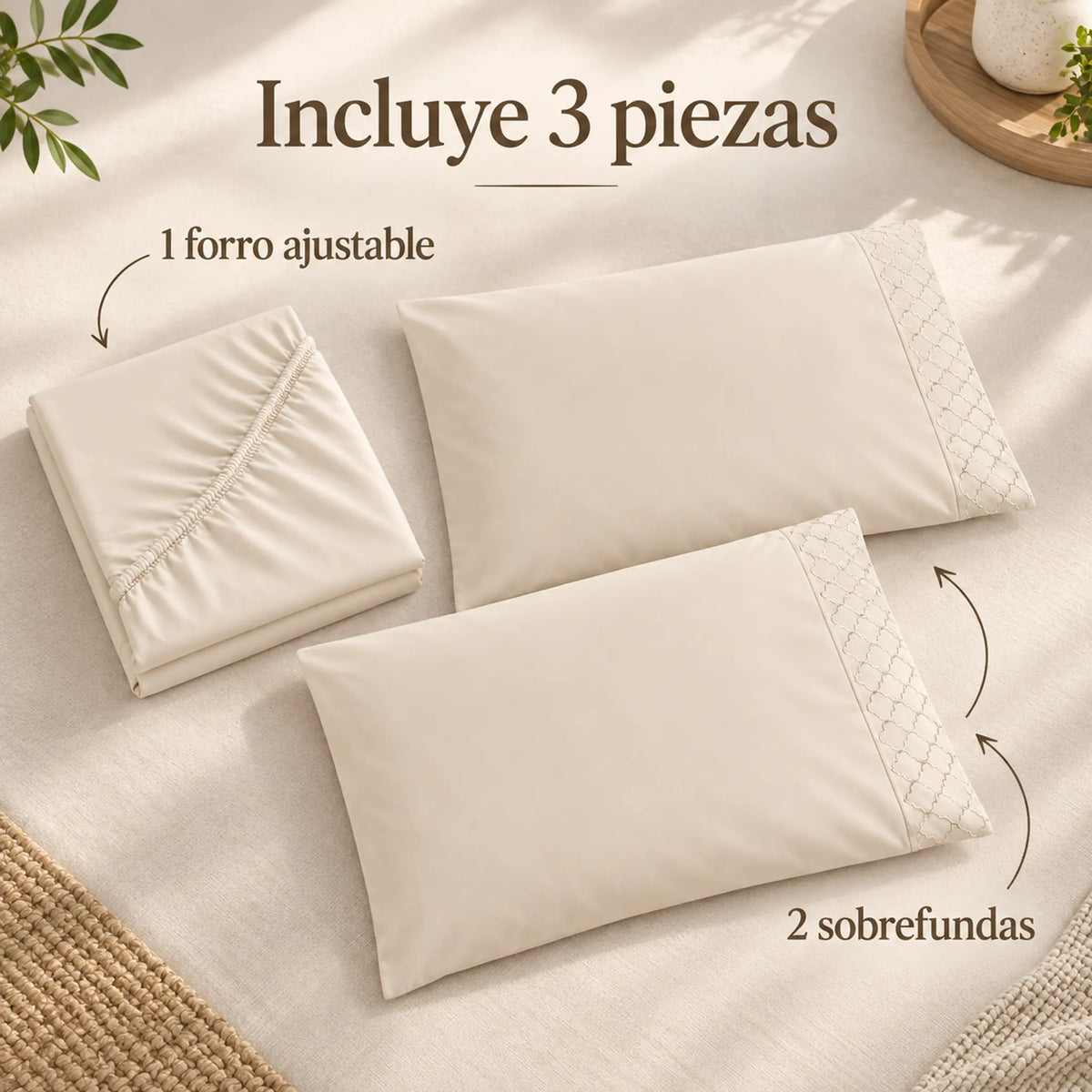 Forro ajustable liso con 2 sobrefundas bordadas, color Marfil – piezas incluidas: forro ajustable y 2 sobrefundas