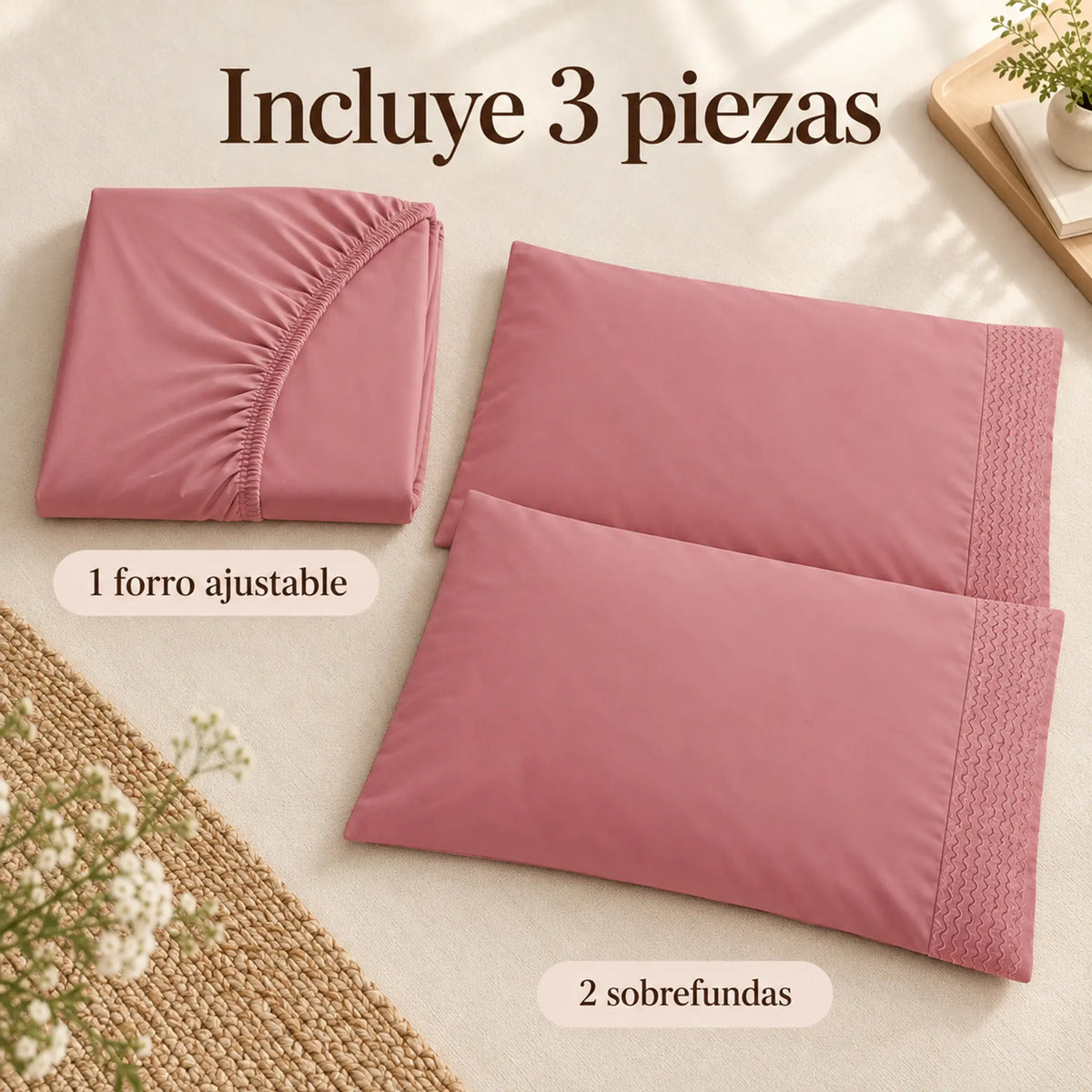 Forro ajustable liso con 2 sobrefundas bordadas, color Rosa Viejo – piezas incluidas: forro ajustable y 2 sobrefundas