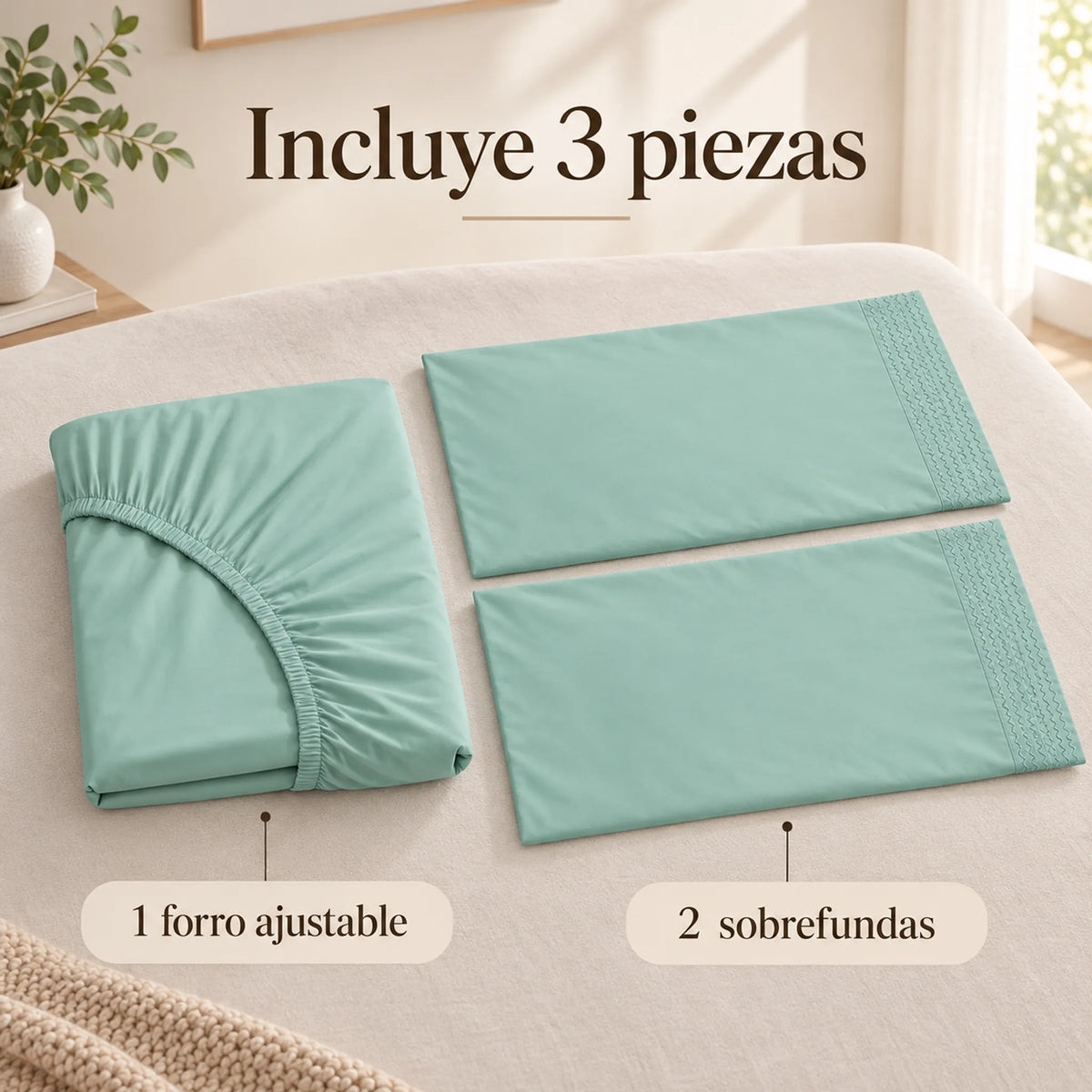 Forro ajustable liso con 2 sobrefundas bordadas, color Verde Menta – piezas incluidas: forro ajustable y 2 sobrefundas
