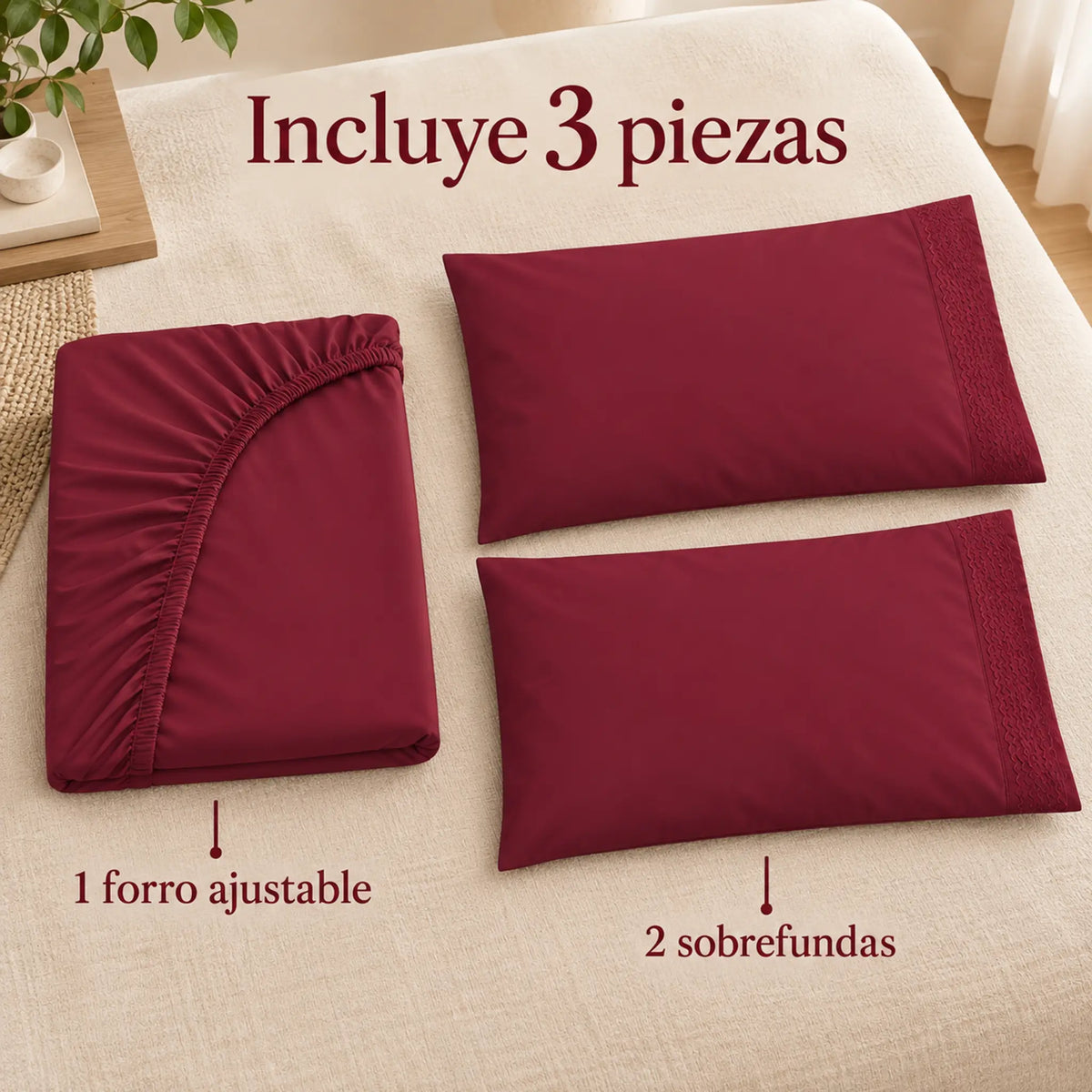 Forro ajustable liso con 2 sobrefundas bordadas, color Vino – piezas incluidas: forro ajustable y 2 sobrefundas