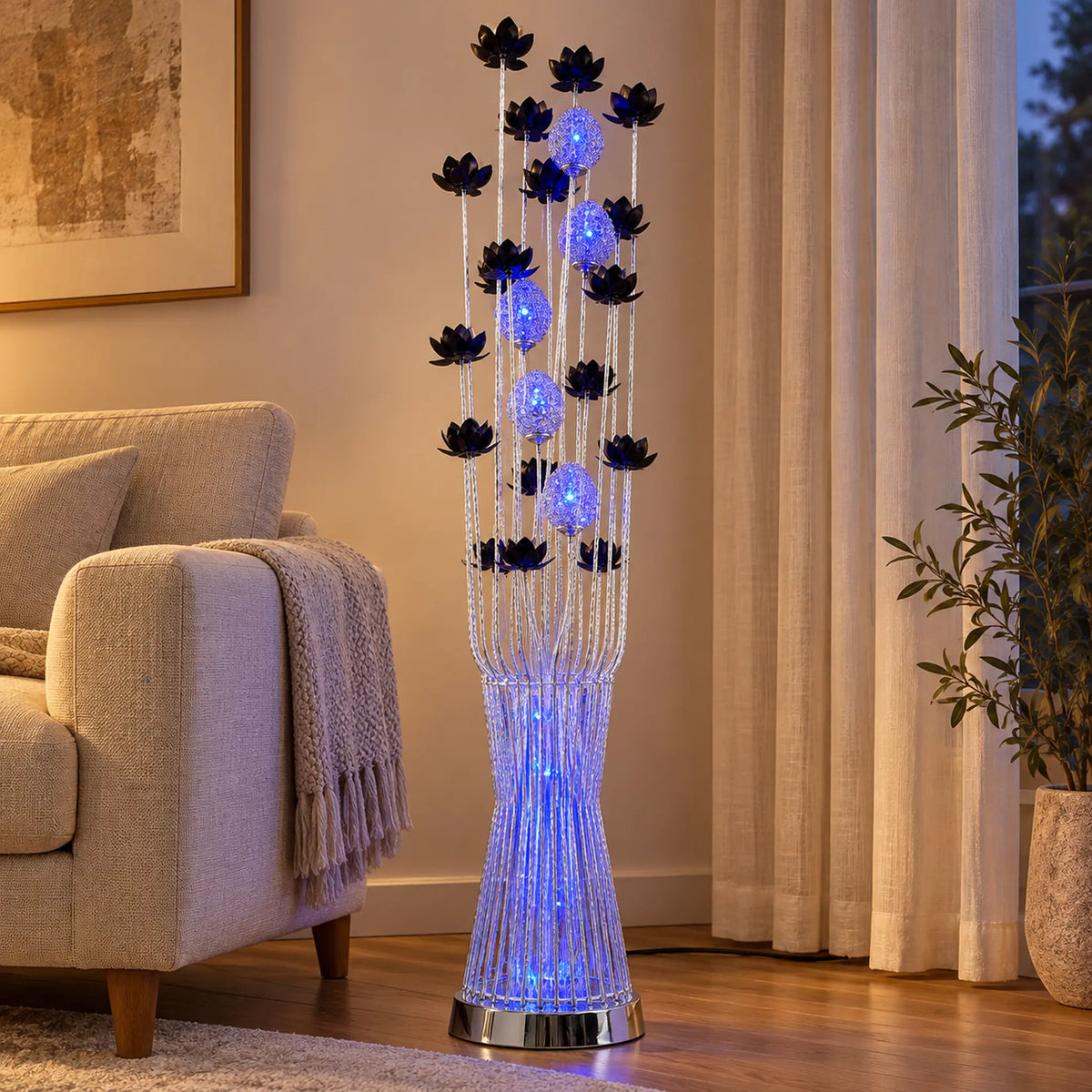 Lámpara de piso LED floral, diseño Lotos Negros Plateada – ambiente nocturno