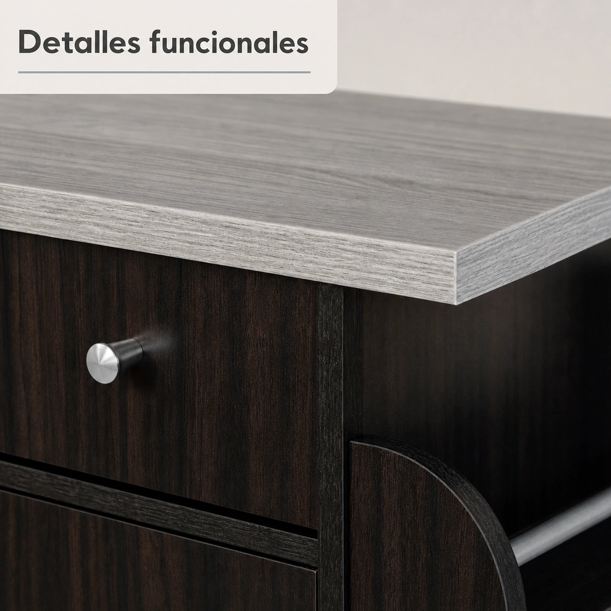 Detalle de acabados y jaladeras del carrito auxiliar de cocina Café Oscuro / Gris Ceniza