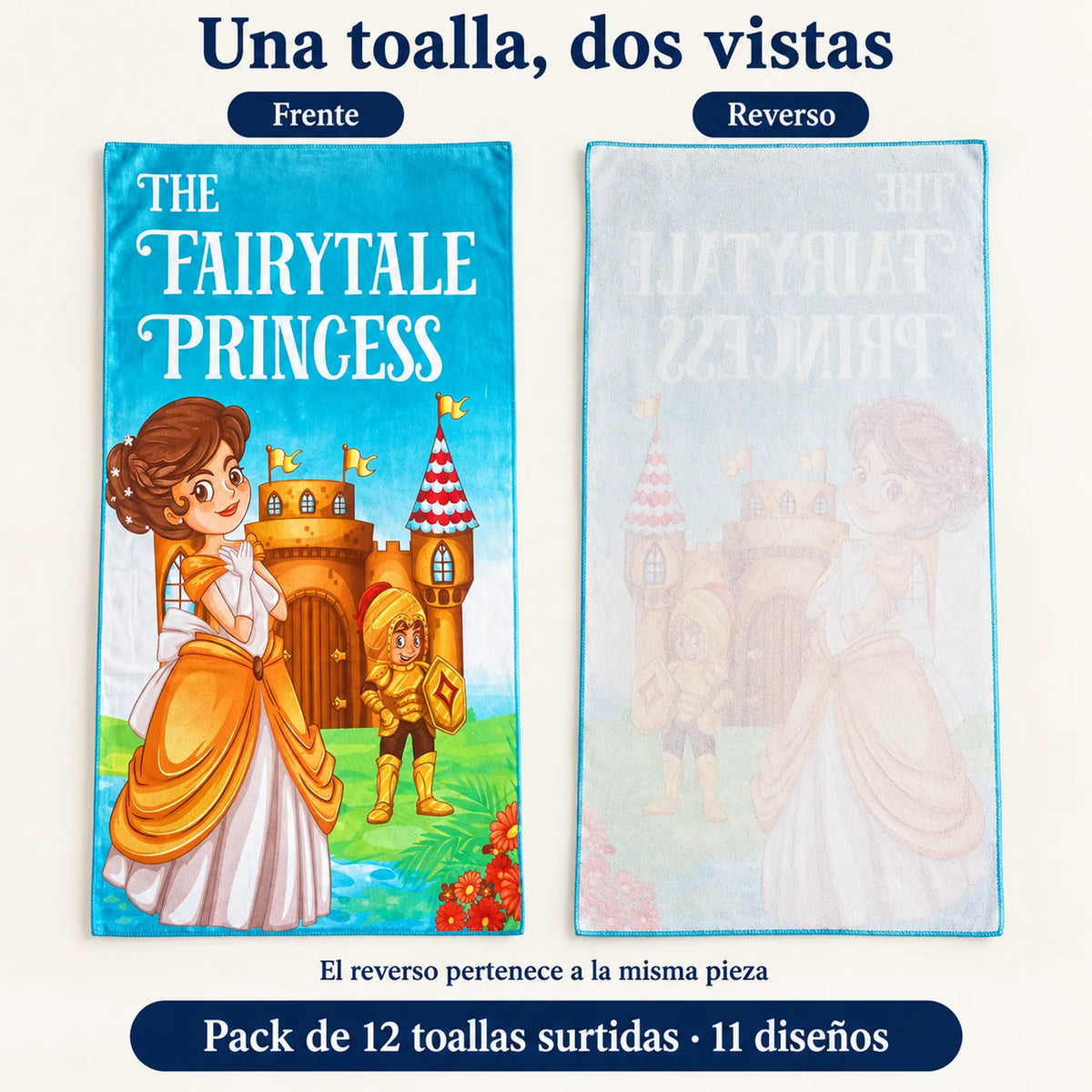 Pack de 12 Toallas Infantiles, vista de frente y reverso de la toalla