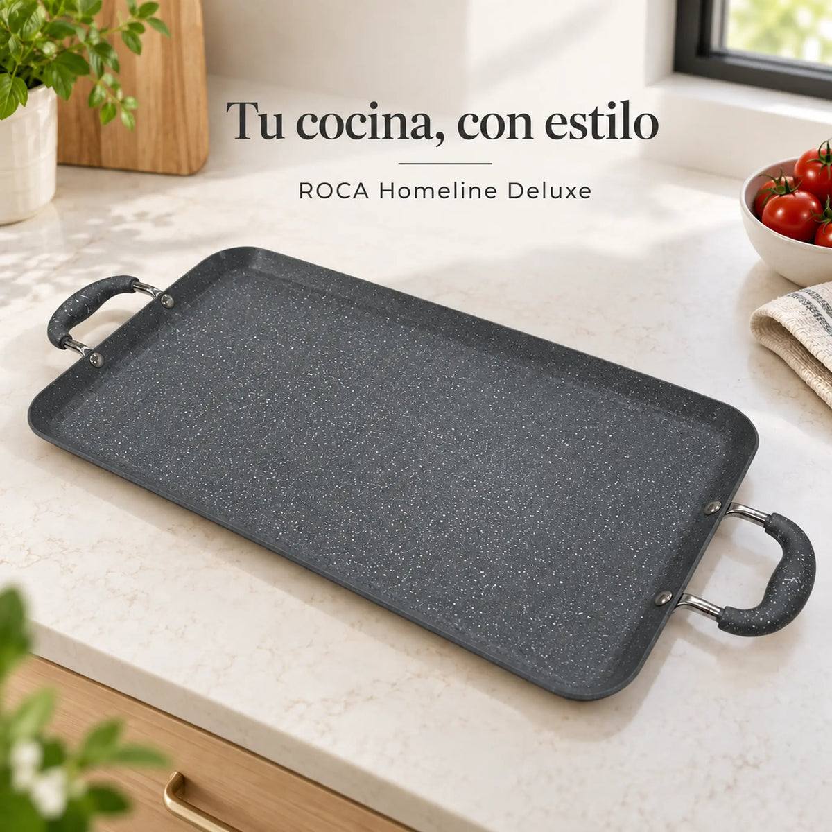 Plancha doble ROCA marmolizada en la cocina, color Gris Oscuro Marmoleado